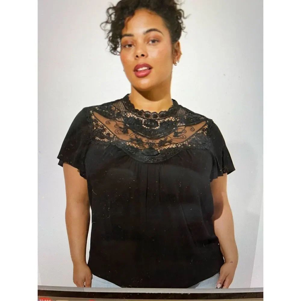 Torrid Black Gothic Dark Academia Lace Yoke Flutter Sleeve Blouse sz 2X NWT